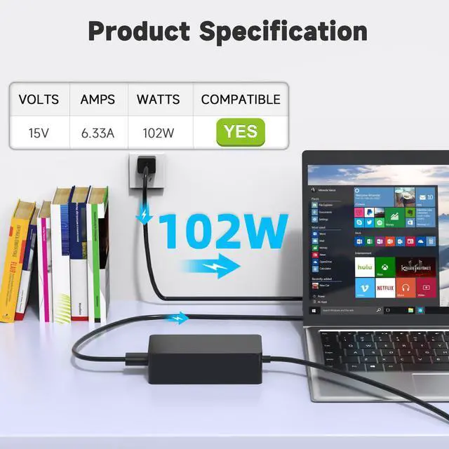 Alt view image 2 of 7 - 102W 15V 6.33A Surface Laptop Charger for Microsoft Surface Book 2/3, Surface Laptop 2/3/4/5, Surface Pro 5/6 /7/8/9, Surface Go 2/3 Power Supply with USB 5V 1.5A