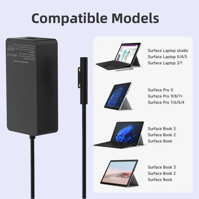 Alt view image 3 of 7 - 102W 15V 6.33A Surface Laptop Charger for Microsoft Surface Book 2/3, Surface Laptop 2/3/4/5, Surface Pro 5/6 /7/8/9, Surface Go 2/3 Power Supply with USB 5V 1.5A