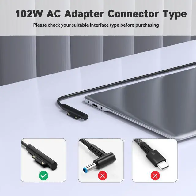 Alt view image 5 of 7 - 102W 15V 6.33A Surface Laptop Charger for Microsoft Surface Book 2/3, Surface Laptop 2/3/4/5, Surface Pro 5/6 /7/8/9, Surface Go 2/3 Power Supply with USB 5V 1.5A
