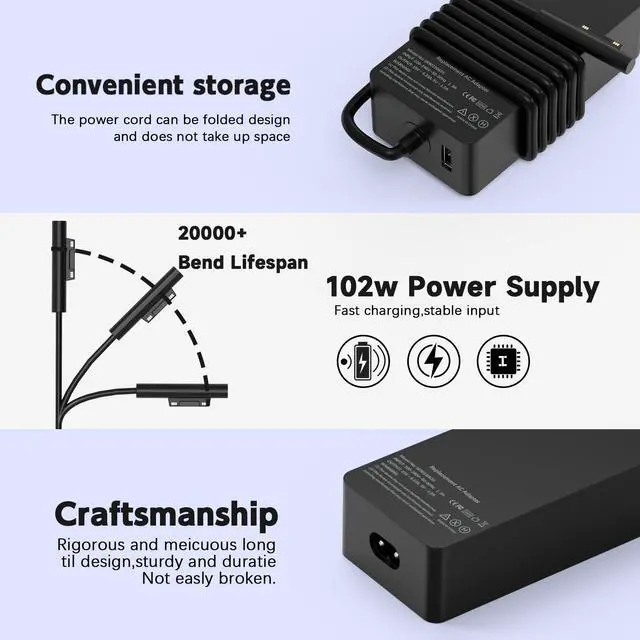 Alt view image 6 of 7 - 102W 15V 6.33A Surface Laptop Charger for Microsoft Surface Book 2/3, Surface Laptop 2/3/4/5, Surface Pro 5/6 /7/8/9, Surface Go 2/3 Power Supply with USB 5V 1.5A