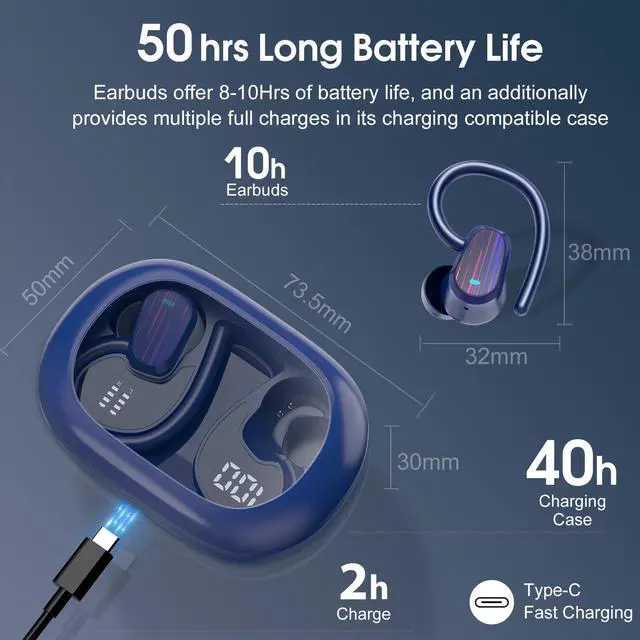 Alt view image 4 of 7 - Wireless Earbuds, Headphones Sport Bluetooth 5.4, Over Ear Buds with ENC Noise Canceling Mic, Deep Bass Stereo Earphones with Hook, 50H, LED Display, IP7 Ear Buds for Workout Running, Dark Blue(2026)
