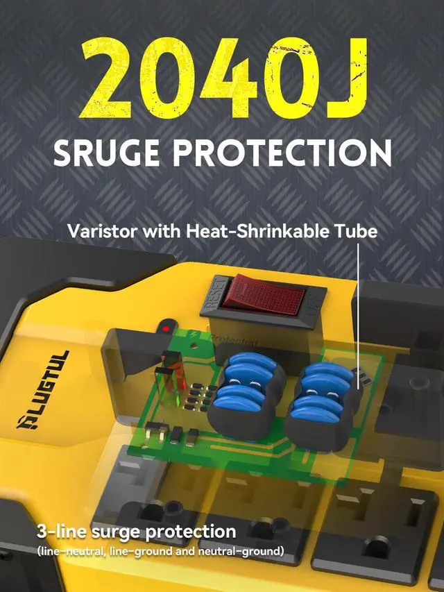 Alt view image 2 of 7 - Heavy Duty Surge Protector 20Amp | 6FT Metal Power Strip with 8 Outlet, NEMA 5-20P to NEMA 5-15/20R, 12/3 AWG, 2040Joules, Industrial Wall Mount, ETL Listed