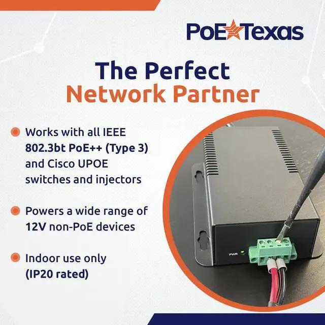 Alt view image 6 of 6 - 802.3bt PoE++ to 12V Splitter, 60W Gigabit | Works with Cisco UPOE & 802.3bt Switches - Gigabit Data Splitter with Phoenix Connector for Tablet Computers, Wireless APs