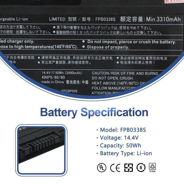 Alt view image 2 of 7 - FPB0338S Battery for Fujitsu LifeBook U7/E5/T9 Series | T937/T938/T939,E548/E549/E558/E559,U747/U748/U749/U757/U758/U759,FPCBP529/531,FMVNBP247/248,50Wh 14.4V 3490mAh 4-Cell
