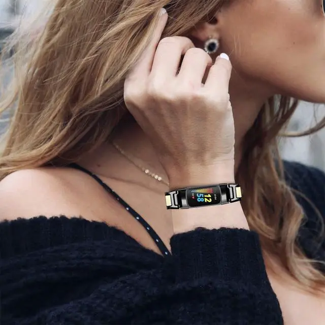 Alt view image 3 of 6 - Unique Design Colorful Bands Compatible with Fitbit Charge 6/Charge 5, Dressy Metal Bracelet Luxurious Stainless Steel Strap Replacement Wristband for Charge 6/Charge 5 Tracker