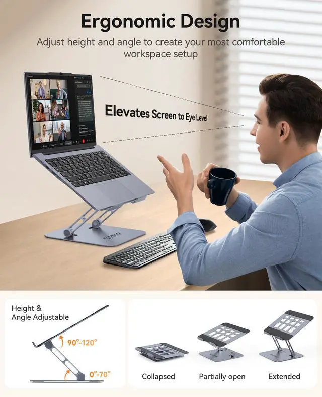 Alt view image 2 of 6 - Ergonomic Laptop Stand for Desk, Height Adjustable Aluminum Laptop Stand Riser, Foldable Computer Holder for MacBook Neo, Air, Pro, Dell XPS, HP, Lenovo, Fits Devices up to 17" (ST11, Gray)