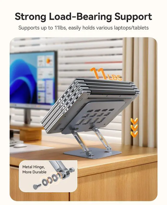 Alt view image 4 of 6 - Ergonomic Laptop Stand for Desk, Height Adjustable Aluminum Laptop Stand Riser, Foldable Computer Holder for MacBook Neo, Air, Pro, Dell XPS, HP, Lenovo, Fits Devices up to 17" (ST11, Gray)