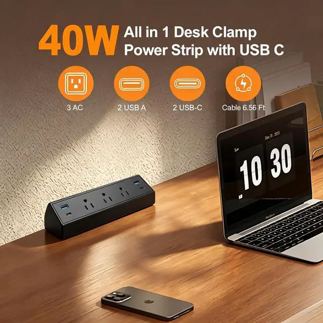 Alt view image 2 of 6 - Clamp-Mount Desktop Power Strip with USB C 3 Outlets 40W Fast Charge ETL | Edge Mounted Desk Clamp Power Station 2 USB-A 2 USB-C Ports 6.56 FT Extension Cord Flat Plug for Home Office Dorm Gaming