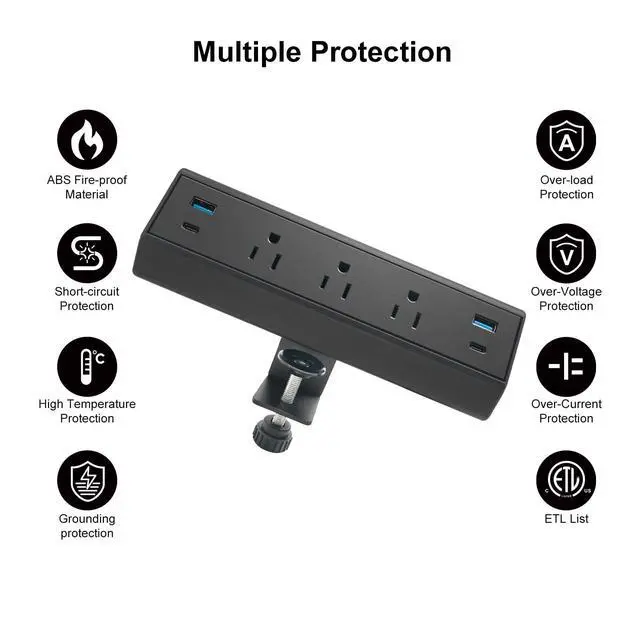 Alt view image 4 of 6 - Clamp-Mount Desktop Power Strip with USB C 3 Outlets 40W Fast Charge ETL | Edge Mounted Desk Clamp Power Station 2 USB-A 2 USB-C Ports 6.56 FT Extension Cord Flat Plug for Home Office Dorm Gaming