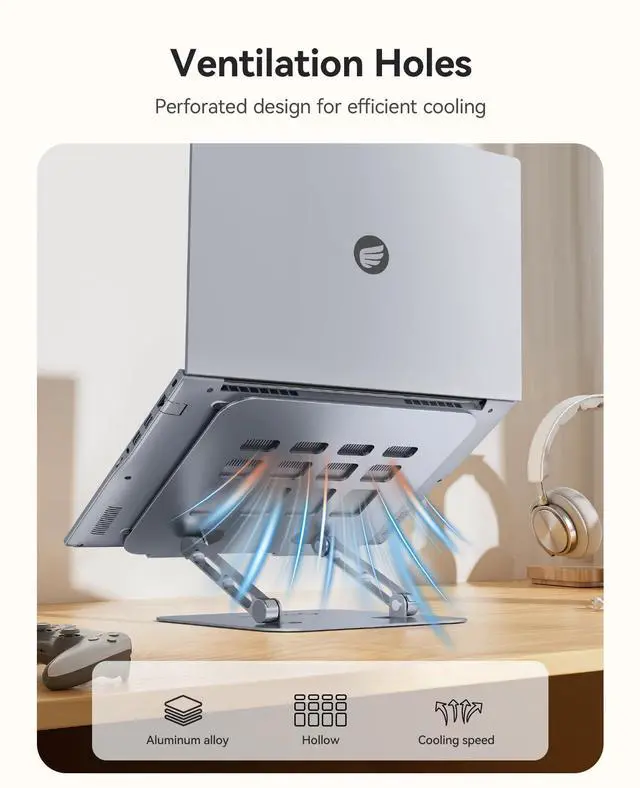 Alt view image 6 of 6 - Ergonomic Laptop Stand for Desk, Height Adjustable Aluminum Laptop Stand Riser, Foldable Computer Holder for MacBook Neo, Air, Pro, Dell XPS, HP, Lenovo, Fits Devices up to 17" (ST11, Gray)