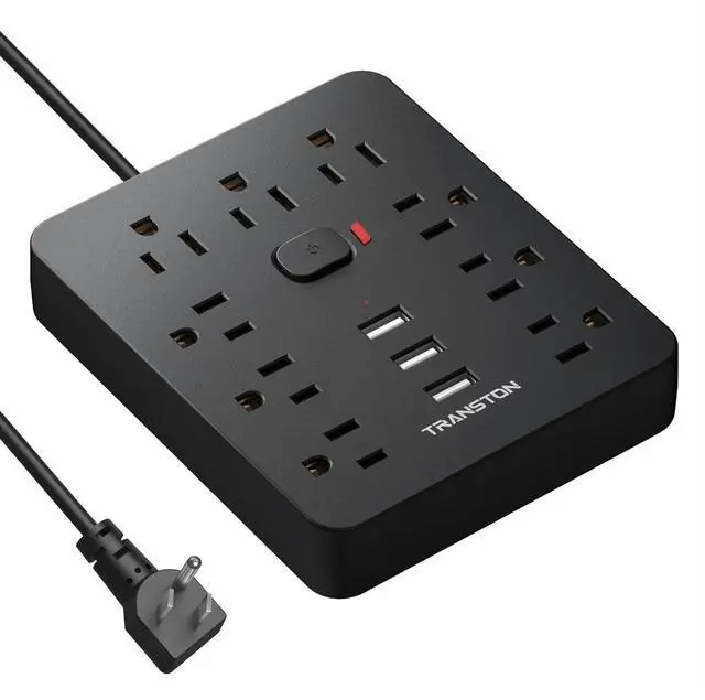 Main image of Power Strip Surge Protector with 9 Outlet 3 USB Ports, Fireproof Desktop Charging Station with Flat Plug Wall Mount 5 ft Long Extension Cords for Home and Office, Black