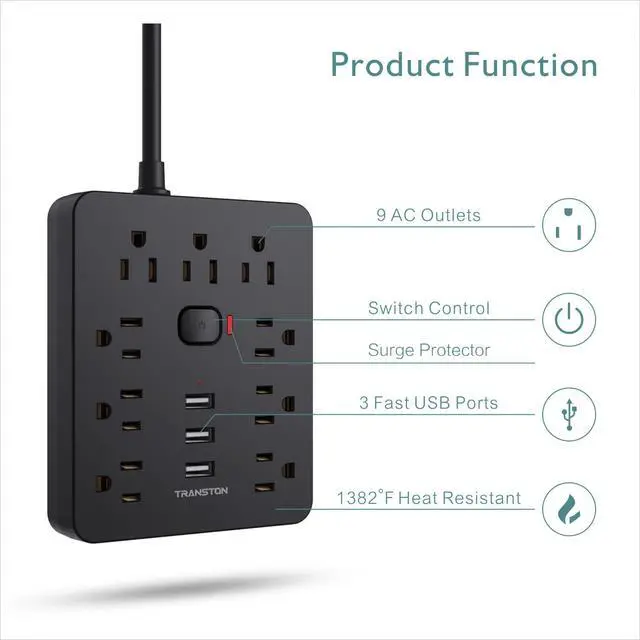 Alt view image 2 of 6 - Power Strip Surge Protector with 9 Outlet 3 USB Ports, Fireproof Desktop Charging Station with Flat Plug Wall Mount 5 ft Long Extension Cords for Home and Office, Black