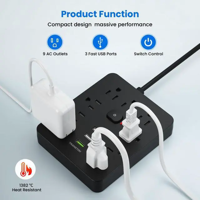 Alt view image 3 of 6 - Power Strip Surge Protector with 9 Outlet 3 USB Ports, Fireproof Desktop Charging Station with Flat Plug Wall Mount 5 ft Long Extension Cords for Home and Office, Black