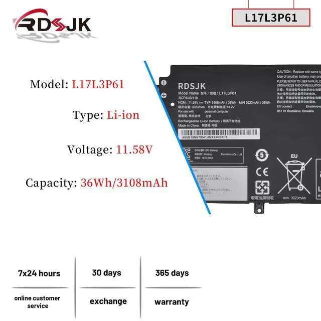 Alt view image 3 of 7 - L17L3P61 L17M3P61 L17C3P61 Laptop Battery for Lenovo IdeaPad 320S-13IKB Yoga 330-11IGM 720-12IKB Flex 6-11IGM Xiaoxin 7000-13 V330S-13IKB Series 5B10N87357 5B10N87358 5B10N87359 11.58V 36Wh (Type A)