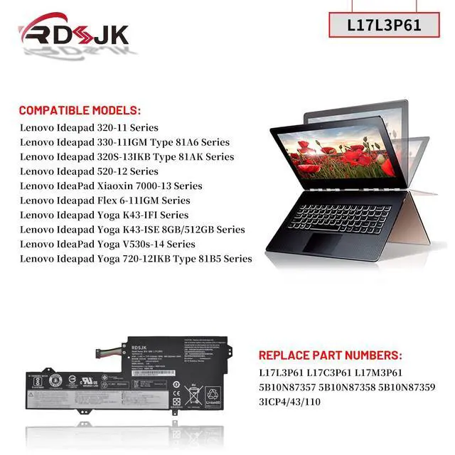 Alt view image 4 of 7 - L17L3P61 L17M3P61 L17C3P61 Laptop Battery for Lenovo IdeaPad 320S-13IKB Yoga 330-11IGM 720-12IKB Flex 6-11IGM Xiaoxin 7000-13 V330S-13IKB Series 5B10N87357 5B10N87358 5B10N87359 11.58V 36Wh (Type A)