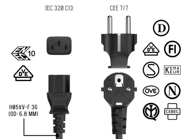 Alt view image 3 of 3 - European Power Cord - 3 Prong Connector for Computers, TVs, Monitors, & More, (CEE 7/7 to IEC320 C13) (EU Europe)