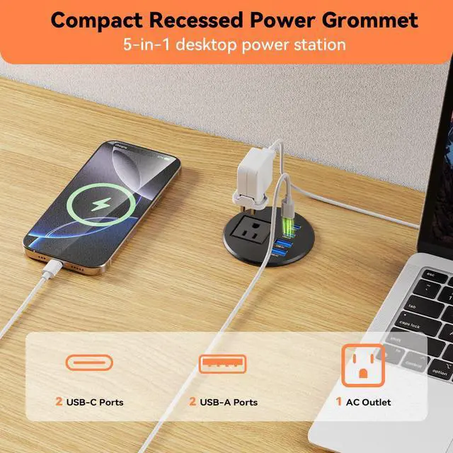 Alt view image 2 of 7 - Desktop Power Grommet 2.5-inch, 2 PD 20W USB-C Fast Charging, 2 QC3.0 18W USB-A, Recessed Flush-Mount for Home and Workspace Hotel Essential Desk Outlet