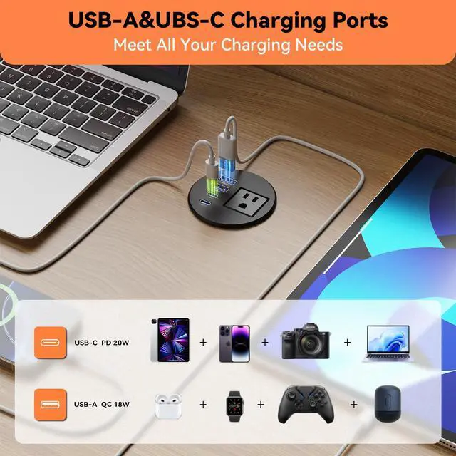 Alt view image 3 of 7 - Desktop Power Grommet 2.5-inch, 2 PD 20W USB-C Fast Charging, 2 QC3.0 18W USB-A, Recessed Flush-Mount for Home and Workspace Hotel Essential Desk Outlet