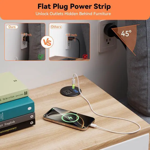 Alt view image 4 of 7 - Desktop Power Grommet 2.5-inch, 2 PD 20W USB-C Fast Charging, 2 QC3.0 18W USB-A, Recessed Flush-Mount for Home and Workspace Hotel Essential Desk Outlet