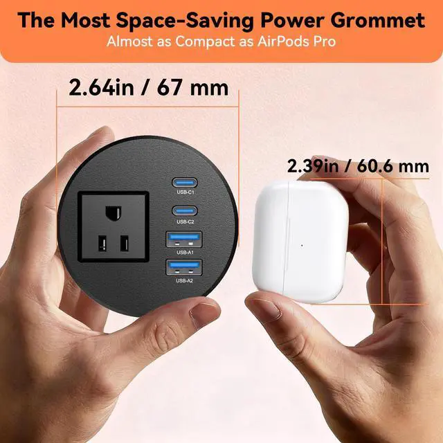 Alt view image 5 of 7 - Desktop Power Grommet 2.5-inch, 2 PD 20W USB-C Fast Charging, 2 QC3.0 18W USB-A, Recessed Flush-Mount for Home and Workspace Hotel Essential Desk Outlet