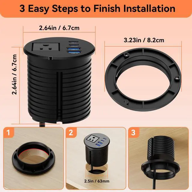 Alt view image 6 of 7 - Desktop Power Grommet 2.5-inch, 2 PD 20W USB-C Fast Charging, 2 QC3.0 18W USB-A, Recessed Flush-Mount for Home and Workspace Hotel Essential Desk Outlet