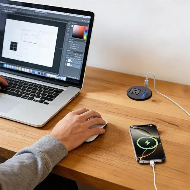 Alt view image 7 of 7 - Desktop Power Grommet 2.5-inch, 2 PD 20W USB-C Fast Charging, 2 QC3.0 18W USB-A, Recessed Flush-Mount for Home and Workspace Hotel Essential Desk Outlet