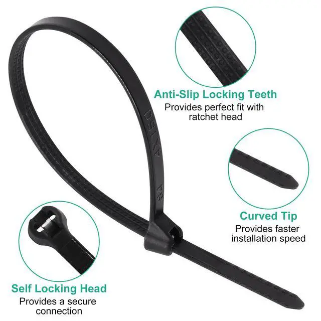 Alt view image 3 of 7 - 150pcs Push Mount Zip Ties 6 inch, Self Locking Straps Cable Zip Tie with Stainless Steel Metal Tooth Locking Device Heavy Duty Nylon Zip Tie Clips for (6", Black)