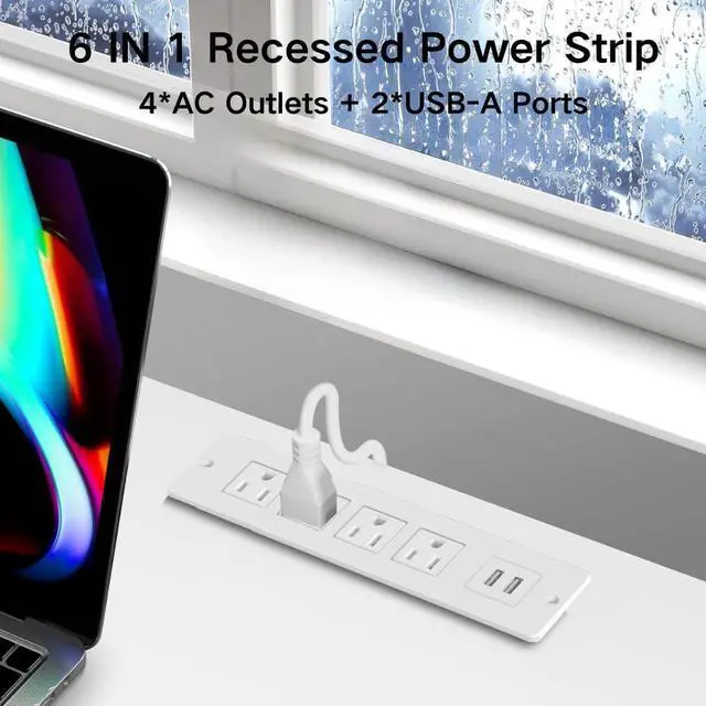 Alt view image 3 of 6 - Recessed Power Strip Flush Mount Charging Station with USB Plug Multiple Surge Protector Hidden Outlet Extender with Extension Cord for Home Office Furniture Nightstand Bed Conference Table (White)