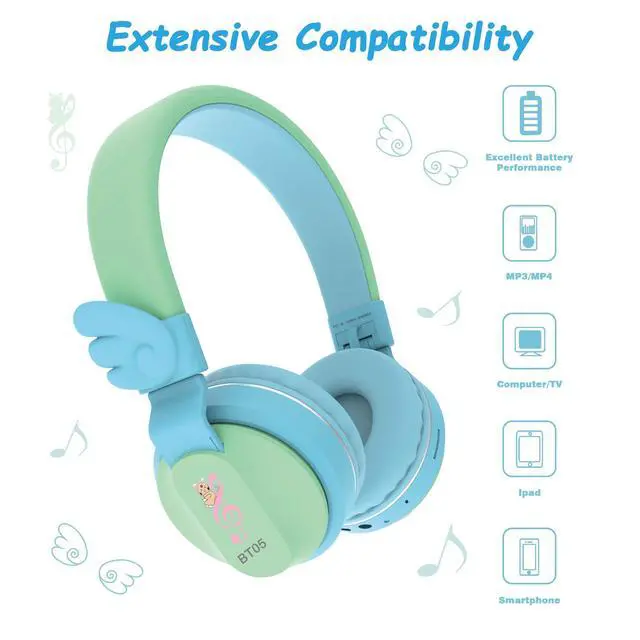 Alt view image 2 of 6 - BT05 Bluetooth Kids Headphones Wireless Foldable Headset Over Ear with Volume Limited and Mic/TF Card Compatible for iPad/iPhone/Tablet (Green&Blue)