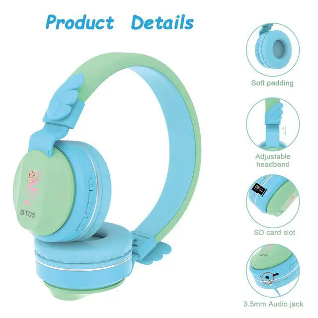 Alt view image 3 of 6 - BT05 Bluetooth Kids Headphones Wireless Foldable Headset Over Ear with Volume Limited and Mic/TF Card Compatible for iPad/iPhone/Tablet (Green&Blue)