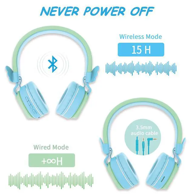 Alt view image 6 of 6 - BT05 Bluetooth Kids Headphones Wireless Foldable Headset Over Ear with Volume Limited and Mic/TF Card Compatible for iPad/iPhone/Tablet (Green&Blue)
