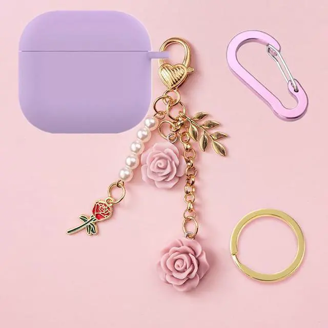 Alt view image 3 of 7 - Case for Airpods 4 Case with Cute Keychain, Silicone Shockproof Protective Cover Compatible with Airpods 4th Generation case Charging Headphone Case Cover for Women Girl (Purple)