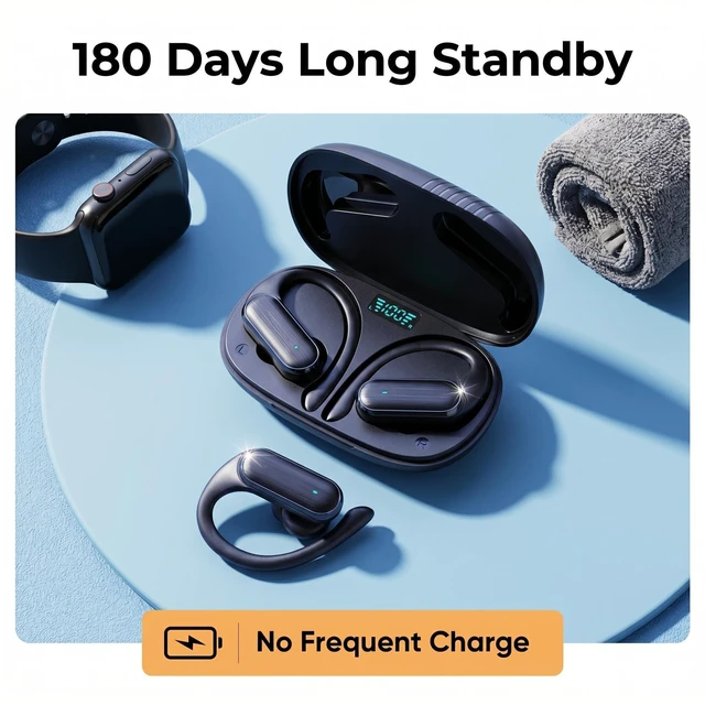 Alt view image 3 of 7 - Over The Ear Earbuds Bluetooth Headphones Wireless Earbuds 60hrs Playtime Wireless Charging Case Sports Ear Buds Stereo Sound IPX7 Waterproof Sports Earphones for Running Black