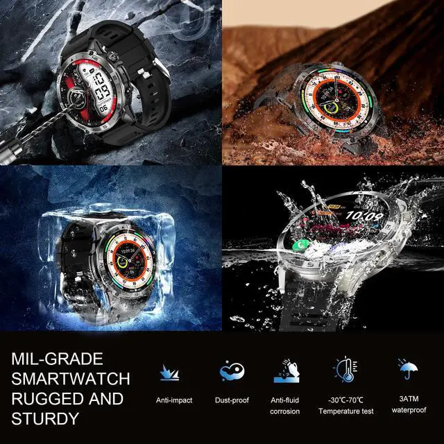 Alt view image 2 of 7 - 3 ATM Waterproof Amoled Smart Watch with GPS,Compass, Altitude,Air Pressure,540mAh Extra Large Battery,Metal Body Rugged Military Smartwatch Compatiable for Andriod iOS