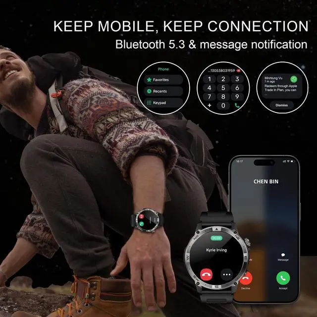 Alt view image 3 of 7 - 3 ATM Waterproof Amoled Smart Watch with GPS,Compass, Altitude,Air Pressure,540mAh Extra Large Battery,Metal Body Rugged Military Smartwatch Compatiable for Andriod iOS