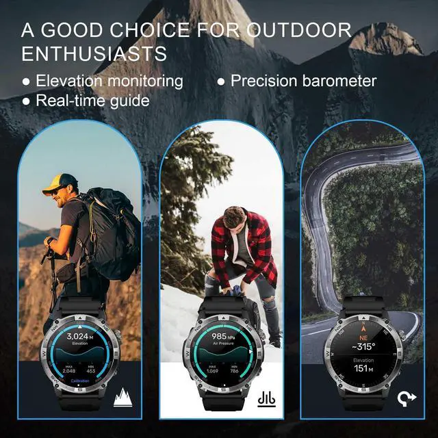 Alt view image 5 of 7 - 3 ATM Waterproof Amoled Smart Watch with GPS,Compass, Altitude,Air Pressure,540mAh Extra Large Battery,Metal Body Rugged Military Smartwatch Compatiable for Andriod iOS