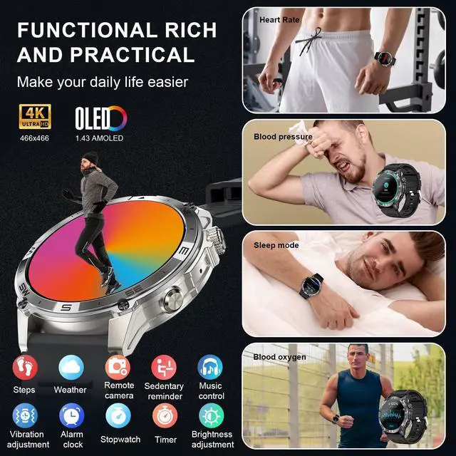 Alt view image 7 of 7 - 3 ATM Waterproof Amoled Smart Watch with GPS,Compass, Altitude,Air Pressure,540mAh Extra Large Battery,Metal Body Rugged Military Smartwatch Compatiable for Andriod iOS