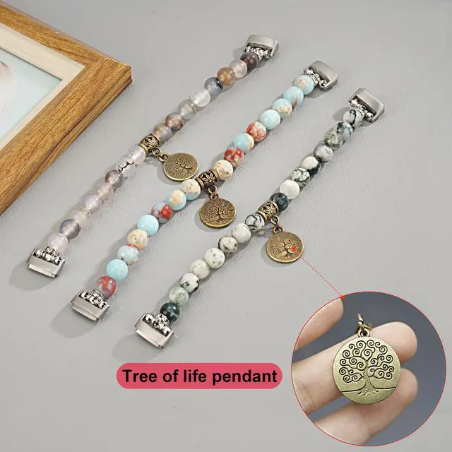 Alt view image 5 of 7 - Compatible with Fitbit Luxe Band Natural Gemstone Beaded Handmade Elastic Stretch Bracelet Tree of Life for Women