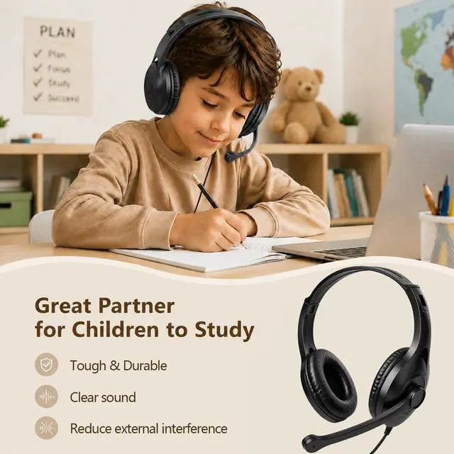 Alt view image 5 of 6 - 8 Pack Classroom Headphones with Microphone Bulk Kids K-12 Adjustable | Headsets with Mic, All-Day Comfort Learning Earphones with Passive Noise Reduction