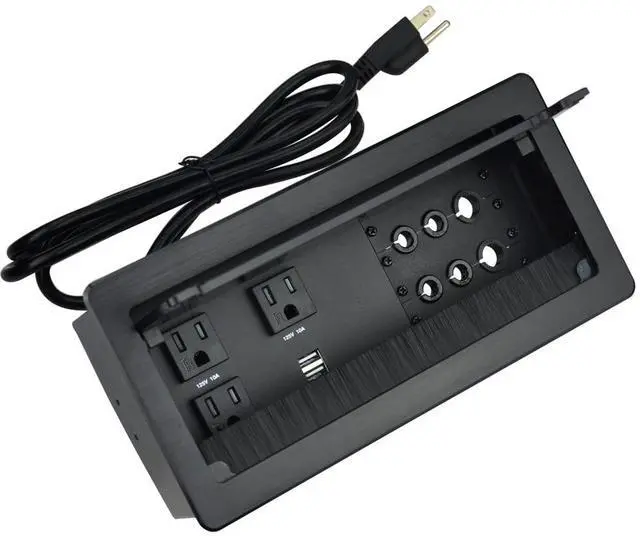 Main image of Tabletop Power Multimedia Connectivity Box with 3 AC Power+2 USB-A Charging+6 Cable Management/XLR Grommet Holes with 5.58ft Power Cord for Conference Room (Black)