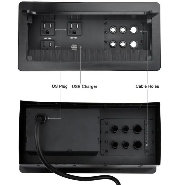 Alt view image 2 of 7 - Tabletop Power Multimedia Connectivity Box with 3 AC Power+2 USB-A Charging+6 Cable Management/XLR Grommet Holes with 5.58ft Power Cord for Conference Room (Black)