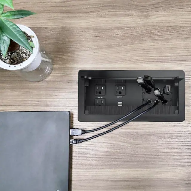 Alt view image 7 of 7 - Tabletop Power Multimedia Connectivity Box with 3 AC Power+2 USB-A Charging+6 Cable Management/XLR Grommet Holes with 5.58ft Power Cord for Conference Room (Black)