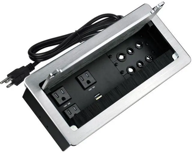 Main image of Tabletop Power Multimedia Connectivity Box with 3 AC Power+2 USB-A Charging+6 Cable Management/XLR Grommet Holes with 5.58ft Power Cord for Conference Room (Silver)