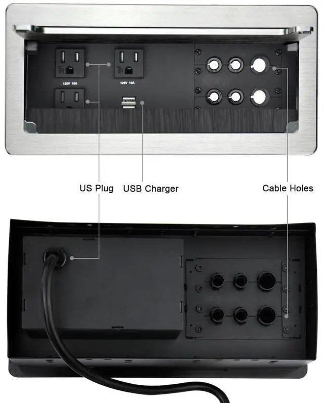 Alt view image 2 of 7 - Tabletop Power Multimedia Connectivity Box with 3 AC Power+2 USB-A Charging+6 Cable Management/XLR Grommet Holes with 5.58ft Power Cord for Conference Room (Silver)