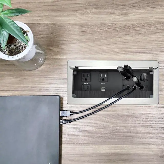 Alt view image 5 of 7 - Tabletop Power Multimedia Connectivity Box with 3 AC Power+2 USB-A Charging+6 Cable Management/XLR Grommet Holes with 5.58ft Power Cord for Conference Room (Silver)