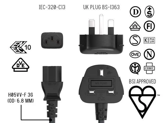 Alt view image 4 of 4 - England UK Power Cord, 3 Pin Connector for Computers, TVs, Monitors, & More (IEC-320-C13 to UK Plug BS1363) (UK England)