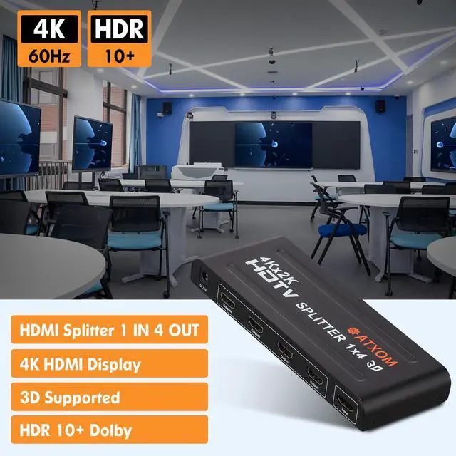 Alt view image 4 of 7 - HDMI Splitter 1 in 4 Out - 1x4 HDMI Display Duplicate/Mirror - Powered Splitter Full HD 1080P, 4K - One Source to Four Identical Displays