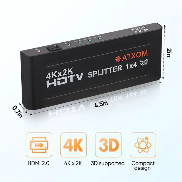 Alt view image 6 of 7 - HDMI Splitter 1 in 4 Out - 1x4 HDMI Display Duplicate/Mirror - Powered Splitter Full HD 1080P, 4K - One Source to Four Identical Displays