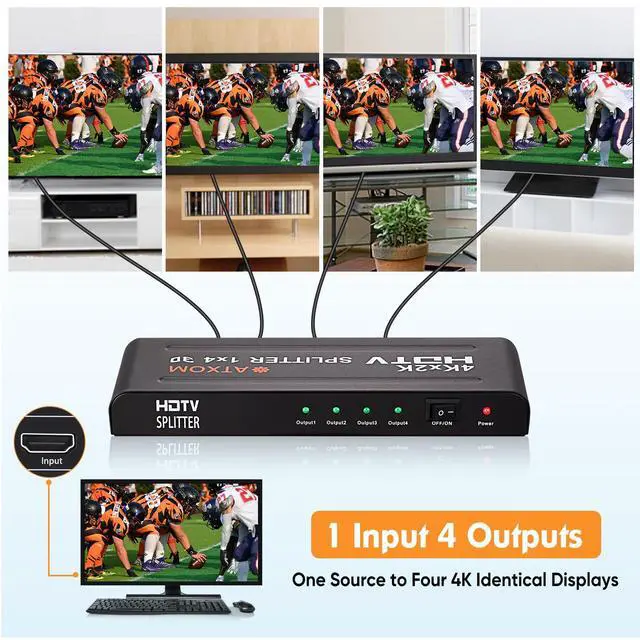 Alt view image 7 of 7 - HDMI Splitter 1 in 4 Out - 1x4 HDMI Display Duplicate/Mirror - Powered Splitter Full HD 1080P, 4K - One Source to Four Identical Displays