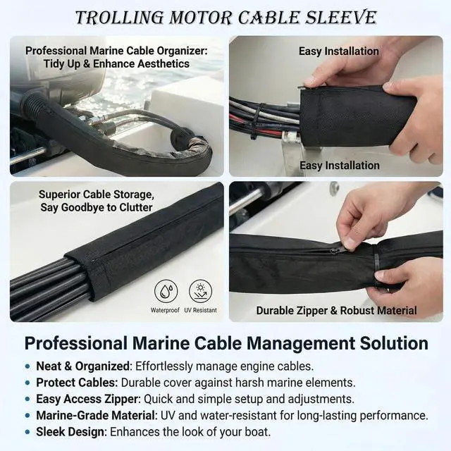 Alt view image 3 of 6 - 48-Inch Zippered Outboard Motor Cable Sleeve, Waterproof & 4Pcs Cable Tie | Heavy-Duty 600D Trolling Motor Cable Sleeve, Outboard Motor Sleeve, Organized Trolling Motor Wire Protection & Management
